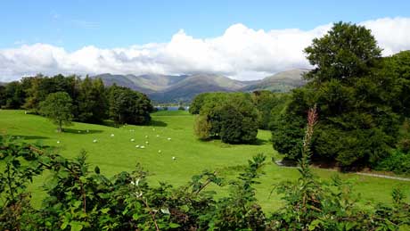 Windermere and the Lakeland Fells from Wray Castle, Cumbria (OS Grid Ref. NY374010 Nearest Post Code LA22 0JA) 