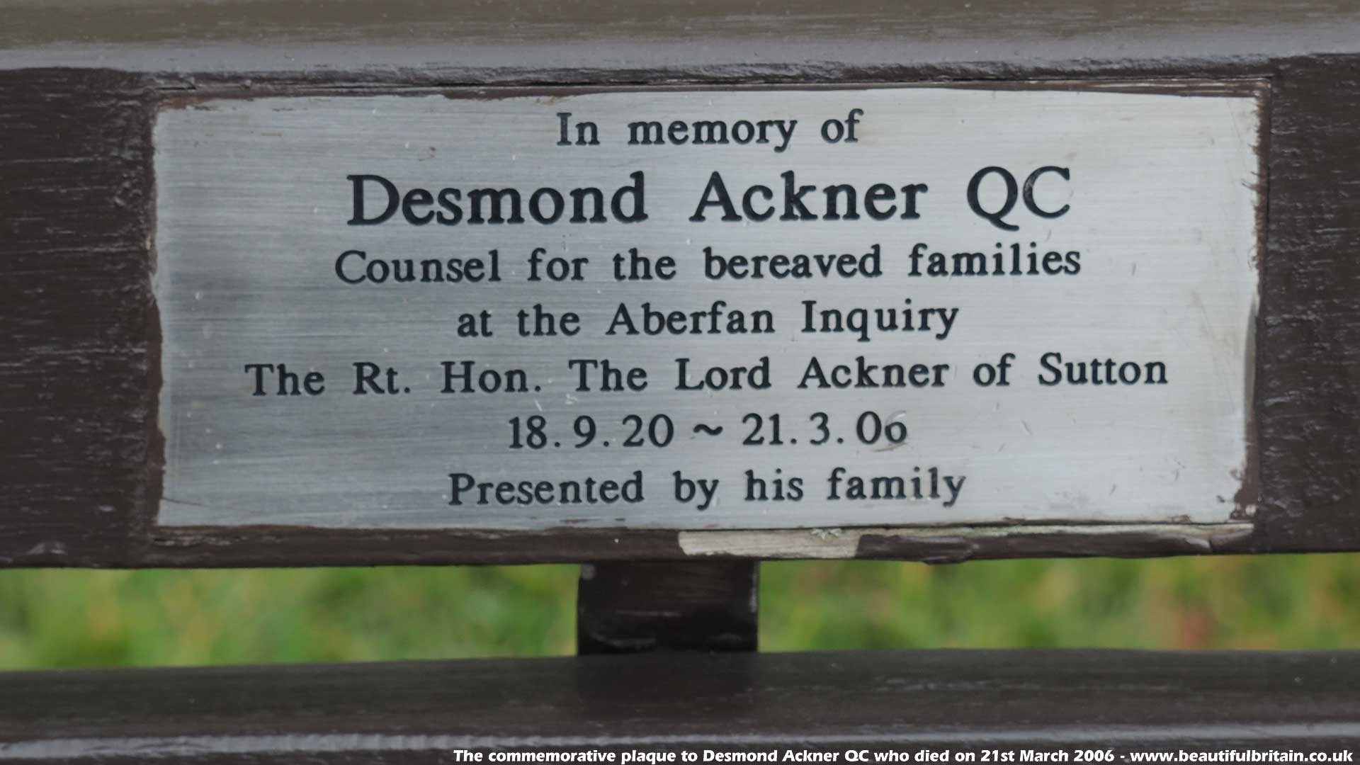 The plaque to Desmond Ackner, counsel for the bereaved families in the Aberfan inquiry